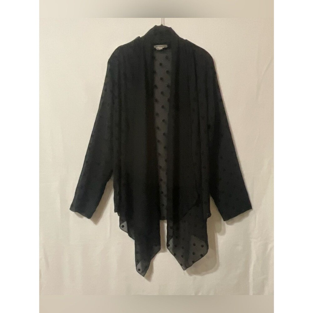 Flocked Polka Dot Sheer Kimono Cardigan Black Handkerchief Hem Layering 1XL